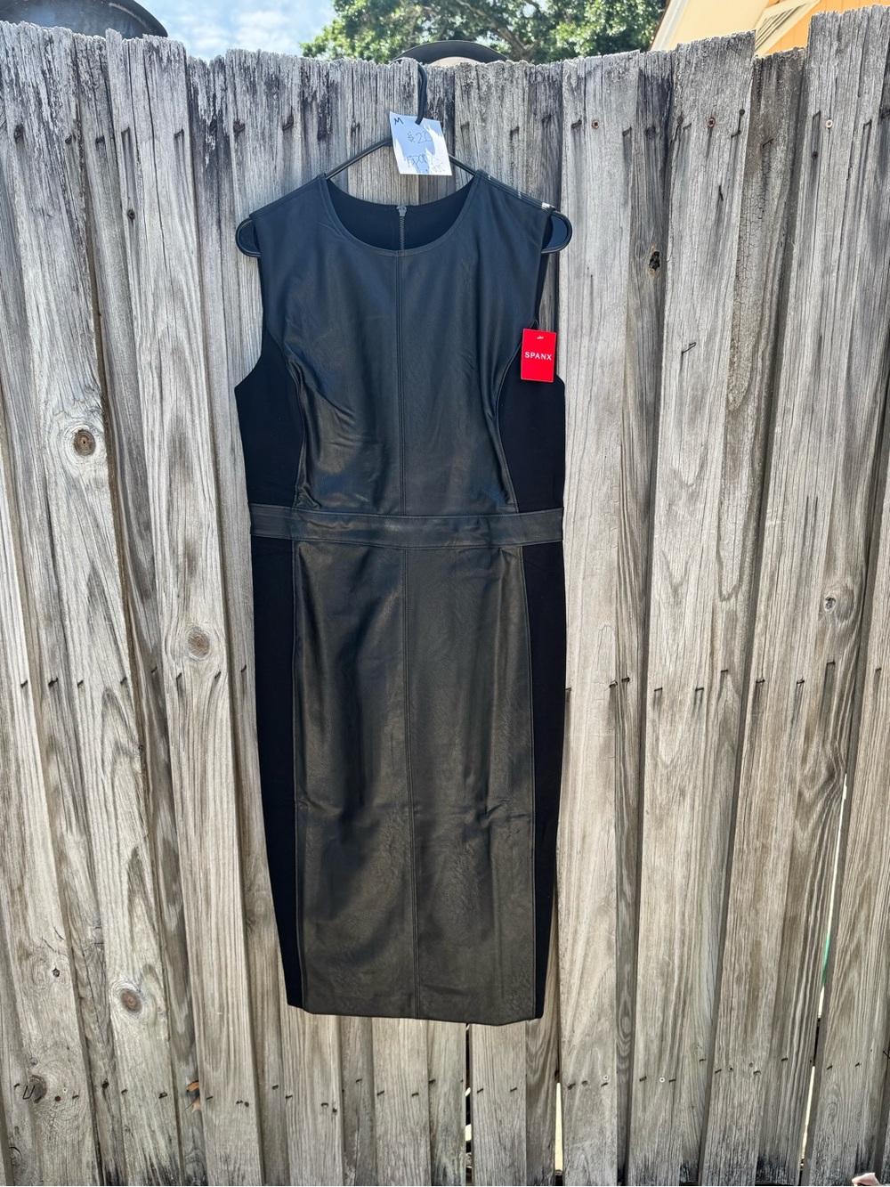 NWT SPANX Black Faux-Leather Midi Sheath Dress